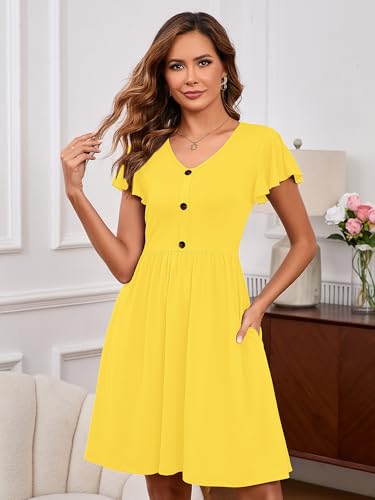 Image of Heymoments Women's Ruffle Sleeve V Neck Swing Sundress Summer Casual A-Line Midi Dress with Pockets S-2XL
