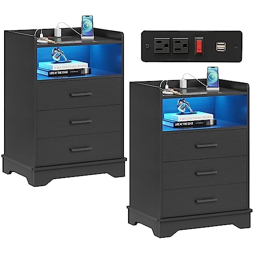 Hasuit Nightstand Set of 2, Nightstand with Charging Station and LED Lights, Modern End Table with 3 Drawers and Open Storage, Tall Bedside Table with Sturdy Base, Black Night Stand for Bedr
