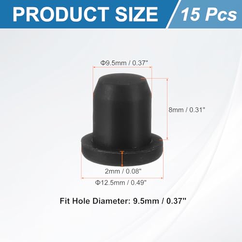 Image of uxcell 15Pcs Silicone Hole Plug, Waterproof Solid T-Shaped Rubber Stoppers Bottle Seal Tube Pipe Plug End Cap for 9.5mm /0.37 inch Hole for Bathtub Bottle, 0.31 inch Plug Height, Black
