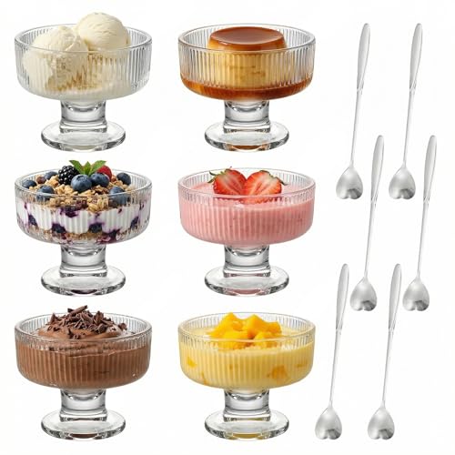 Confezione da 6 ciotole da dessert in vetro, per gelato, gamberi, cocktail, bicchieri da cocktail a righe verticali, con 6 cucchiai a forma di cuore con manico lungo, per insalata e yogurt, ciotole