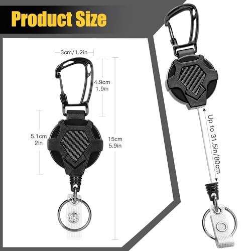 Image of Heavy Duty Retractable Keychain (1-Pack) | Carbon Fiber Badge Holder with 80cm Steel Wire Cord | Tactical Carabiner Clip for ID Cards & Bike Keys (Black)