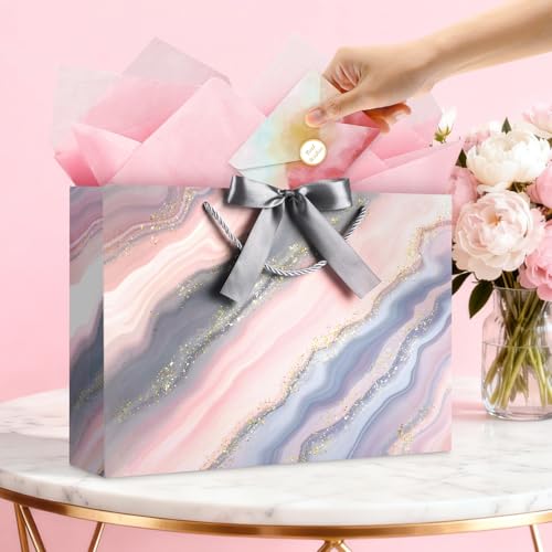 Image of JMANNI Gift Bags, Mothers Day Gift Bags with Ribbon, Portable Paper Gift Bag, Marble Pattern, for Any Occasion, Including Valentines Day Baby Shower Birthday Party Wedding Mothers Day(LP11-DLS05-L
