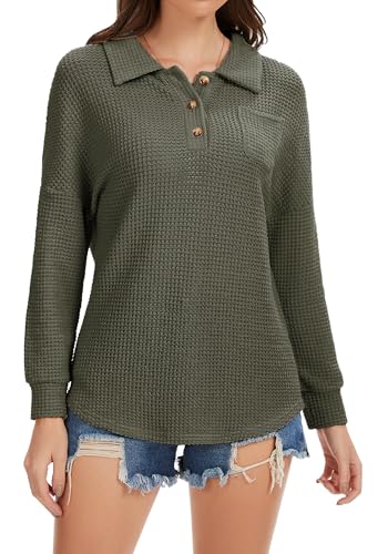 Womens Tops Waffle Knit V-Neck Long Sleeve T-shirts Button Down with Pockets Tunic Fashion Clothing4