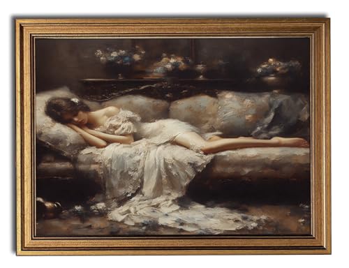 Image of Gold Framed Wall Art Vintage Canvas Wall Art Tired Woman Moody Victorian Artwork Prints Picture for Living Room Bedroom Farmhouse Bathroom Office Decor, 12x16