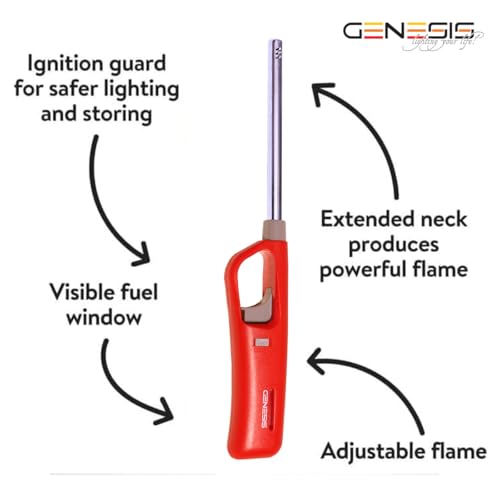 Image of Genesis Refillable Windproof Gas Flame Lighter Long Reach Utility Lighters for Kitchen, Stove, BBQ, Candles, Camping Indoor Outdoor Use, Refillable Gas Safety Lighter (Orange, Red) (Pack of 2)