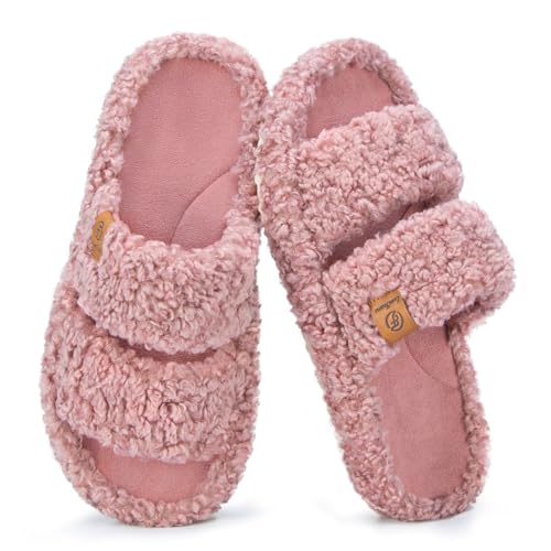 EverFoams Womens Fuzzy Open-toe Slippers Soft Comfy Memory Foam Indoor House Shoes Dusty Rose,9-10 US