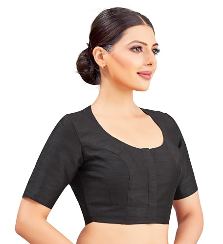 Image of Studio Shringaar Womens Basic Polyester Short Sleeves Textured Plain Coloured Art Silk Saree Blouse