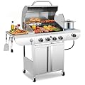 Kismile 4-Burner Propane Gas Grill with Side Burner, Stainless Steel 42,000 BTU BBQ Grill, Cast iron Griddle & Enamel Grates, Barbecue Grill for Outdoor Cooking, Backyard, Patio, Deck Camping