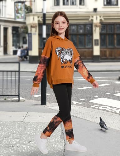 Image of Gaupafmb Girls Clothes Cool Girl Print Tie Dye Hoodie Pullover Sweatshirt Leggings 2PC Outfits