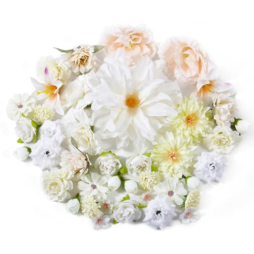 Prelisee 42 Pièces Fleurs Artificielles Deco Blanche Fausse Fleur en Tissu 13 Espèces 2-13cm Petite Tête de Fleur Artificielle pour DIY Bricolage...