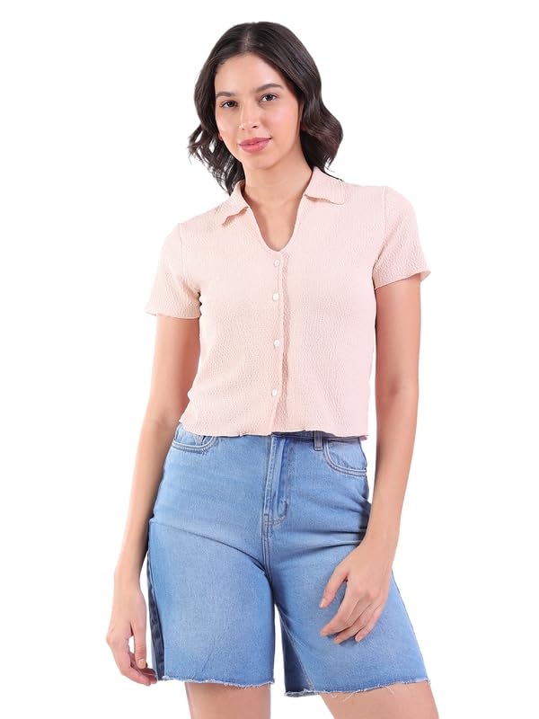 Womens Peach Pink Button-Up Crop Top | Solid Half Sleeve Women’s Casual Wear Top – XS