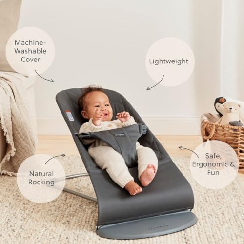 Image of BabyBjorn Bouncer Bliss, Anthracite, Woven, Petal Quilt | 2-in-1 Adjustable Baby Bouncer Seat and Toddler Chair, Newborn to Toddler (8-29 lbs), 4 Positions, Lightweight & Portable