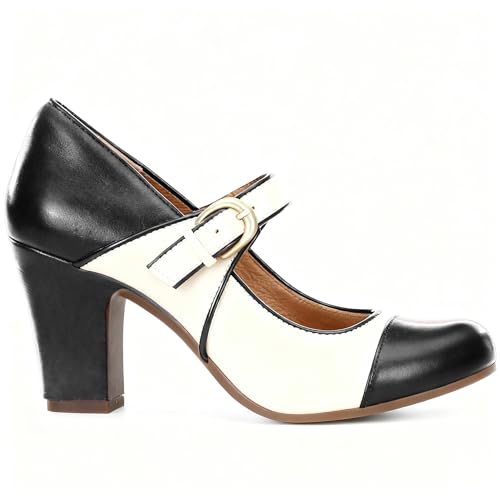 Image of SHODENSE Women Vintage Chunky High Heel Mary Jane Shoes Round Closed Toe Ankle Strap Dress Sandals 3 inch Block Heels Mary Jane Lolita Pumps Two-Toned Patchwork Buckle Office Lady Wedding Retro 4-11 M US