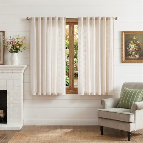 Image of jinchan Ivory Floral Linen Kitchen Tier Curtains 50x45 Inch 2 Panels
