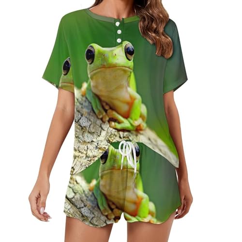 Pyjama court femme grenouille verte en coton léger pour nuits d'été