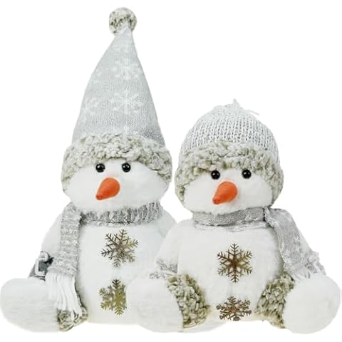 DearSun Set of 2, 11" H Christmas Snowman Soft Stuffed Plush Snowman with Gray Knitted Scarf and Hat Christmas Decor, Tabletop Decor for Xmas Holiday Party Décor Cover