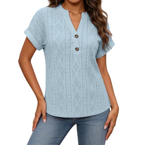 UHBYGV Short Sleeve Eyelet Shirts for Women V Neck Trendy Summer Tops Beach Vacation Clothes Travel Business Casual Outfits