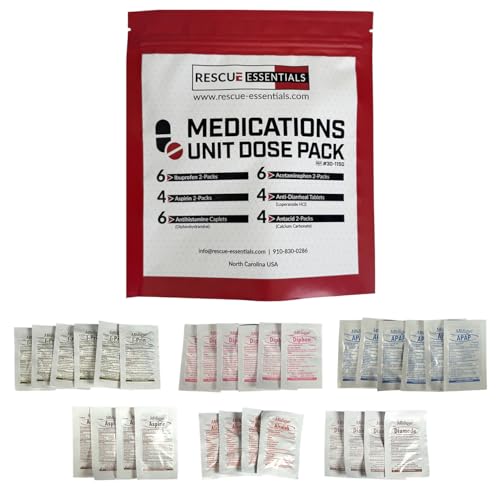 Rescue Essentials Medications Dose Pack–First Aid Refill Kit with Ibuprofen, Acetaminophen, Aspirin, Antihistamine, Anti-Diarrheal & Antacid– Compact Emergency Travel & IFAK Supply-1 Module (30 Doses)