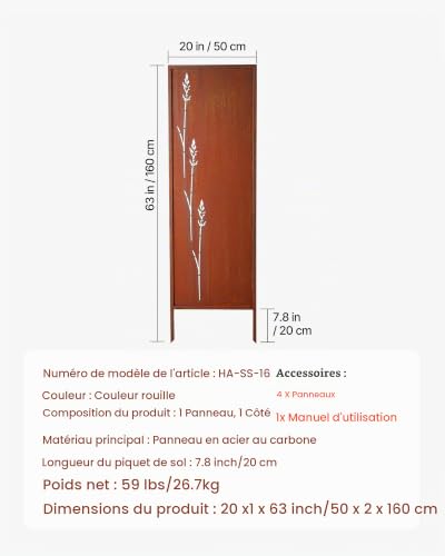 VEVOR Panneau Brise Vue Métal Paravent Extérieur Autoportant 50x160 cm Lot de 4 - vue 8