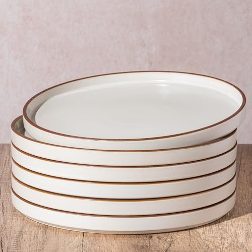 LERATIO Dinner Plates,10.25 Inch Ceramic Flat Plates Set of 6,High Edge Modern plates for Kitchen,Microwave & Dishwasher & Oven Safe, Scratch Resistant Dishes Set-White with Rim
