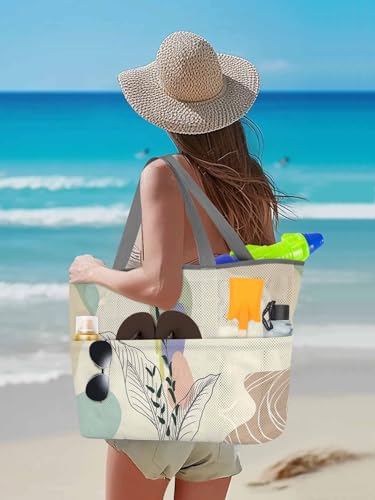 Mesh Beach Bag Oversized Tote Bags for Women Mid Century Boho Leaves Abstract Geometric Large Travel Pool Bags3