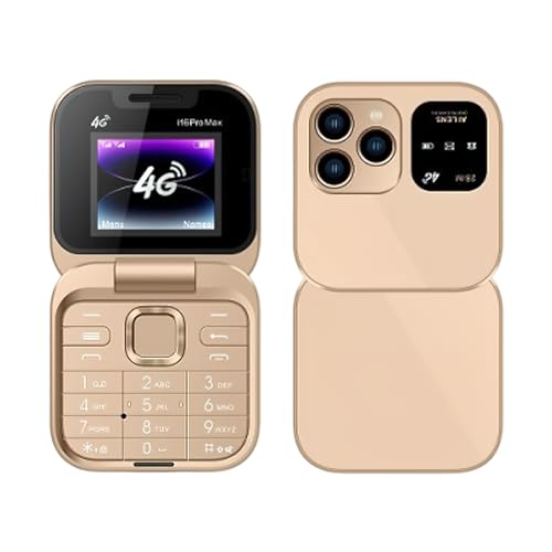 SoirFanTlio I16 Pro Mini Flip Phone, 1.77 Inch HD Display, Dual SIM 4G, Foldable Design with Big Buttons, FM Radio, 32MB RAM, Multiple Colors Available, for Seniors (4G-Gold)