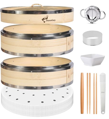 Bamboo Steamer Basket, Stainless Steel Reinforced Rim, 10-Inch 2-Tier Steamer for Cooking, 50 Liners Chopsticks Sauce Dish Dumpling Makers, Steaming Asian Food Bao Buns Dim Sum Rice Veggies Steam Pot