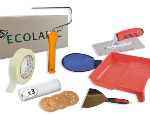 MICROLANIC - Kit Herramientas para Microcemento - Pack para Extender Microcemento - 5 Piezas: Cinta, Llana, Espátula, Rodillo con 3 Recambios, y Gaveta
