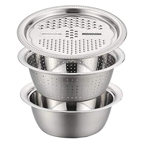 New 3 in 1 Stainless Steel Basin With Grater Vegetable Cutter Julienne Grater with Drain Basket Multifunctional Vegetable Fruits Washing Bowl Set Strainer for Washing Vegetable Kitchen Tool Cover