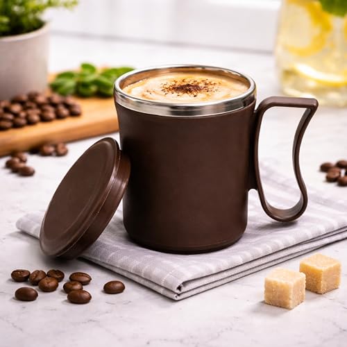 Image of Insulated Stainless Steel Coffee Mug with Lid, 300ml, Double Wall, Reusable Travel Mug for Home & Office (Brown - Gray)