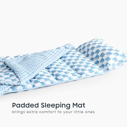 Image of Wake In Cloud - Toddler Nap Mat with Pillow and Minky Fleece Blanket, for Kids Boys Girls Ages 3 Plus in Daycare Preschool, Roll Up Sleeping Bag, Gingham Grid Checkered, Blue White, Standard