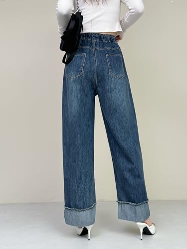 Womens Wide Leg Pants Baggy Jeans Straight High Waisted Fold Hem Denim Pants with Pockets Elastic Waist Pants (US, Alpha, Medium, Regular, Regular, A)4