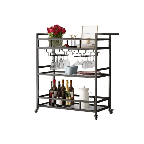 LORMITER Black Metal Bar Carts with 3 Tier Glass Shelves, Rolling Serving Bar Cart with Wine Rack and Glass Holder, Industrial Bar Carts & Wine Carts on Wheels for Kitchen, Indoor & Outdoor