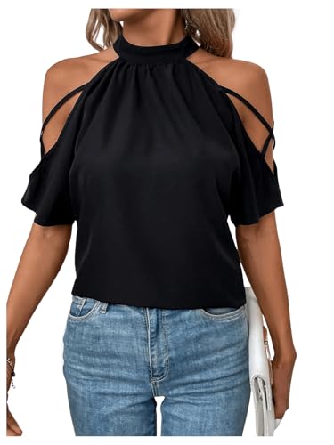 SweatyRocks Women's Cold Shoulder Criss Cross Mock Neck Short Sleeve Blouse Shirts