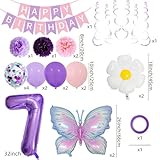7th Butterfly Birthday Balloon Decorations，Purple Number Balloons 7 Happy Birthday Banner Daisy Balloons for Girls 7th Butterfly Theme Party Decoration Supplies (Purple Number 7)
