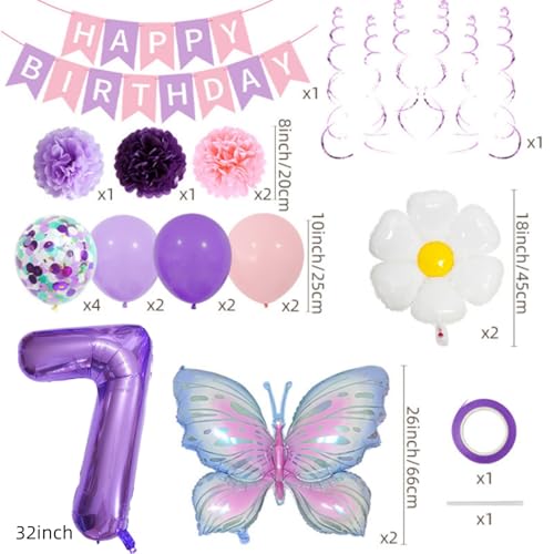 7th Butterfly Birthday Balloon Decorations，Purple Number Balloons 7 Happy Birthday Banner Daisy Balloons for Girls 7th Butterfly Theme Party Decoration Supplies (Purple Number 7)