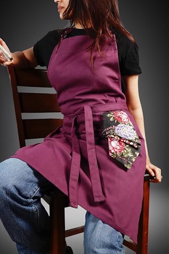 Image of Kitchen Apron - 100% Cotton, Adjustable Neck strap, Large Pocket - Unisex Apron for Men & Women - Cooking, Baking, BBQ, Gardening - Solid Colours, Striped and Checkered Patterns