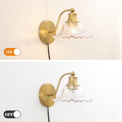Image of Vintage Plug in Wall Sconce, Gold Plug in Sconce Set of 2 with Clear Glass, Brass Wall Lights Fixture with Plug in Cord, Flower Wall Lamp Decor with on /Off Switch & Cord for Bedside Bedroom Hallway