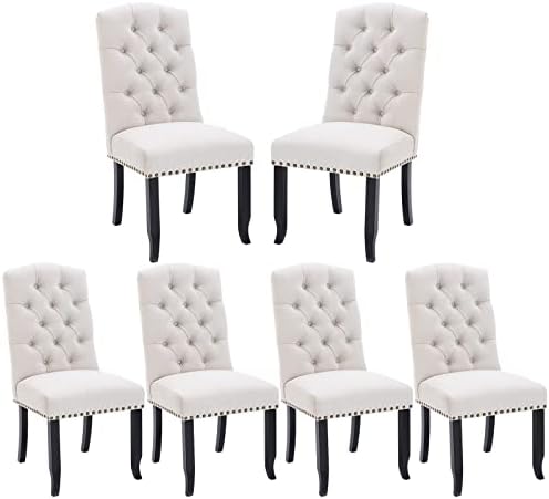 COLAMY Tufted Dining Chairs Set of 6, Upholstered Parsons Dining Room Chairs, Fabric Kitchen Side Chair with Nailhead Trim and Wood Legs, Beige