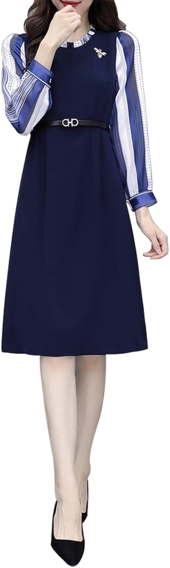 Amazon Co Jp 春服 フォーマルワンピース レディース Vネック 長袖 上品 エレガント シンプル ネイビー ハイウエスト ２ｌ 大きいサイズ 着痩せ 重ね着風 カジュアル デートお呼ばれ 適用 服 ファッション小物