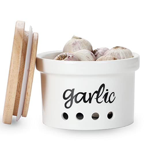 HAOTOP Garlic Keeper with Lid, Ceramic Garlic Saver Container for Countertop, Farmhouse Kitchen Decor