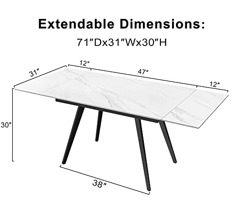Comfy To Go Extendable Modern Dining Table, White Dining Room Table For 6 Seat With Sintered Stone Tabletop & Metal Legs For Restaurants, Living Room -71" X 32" X 30" Inches #TOP2
