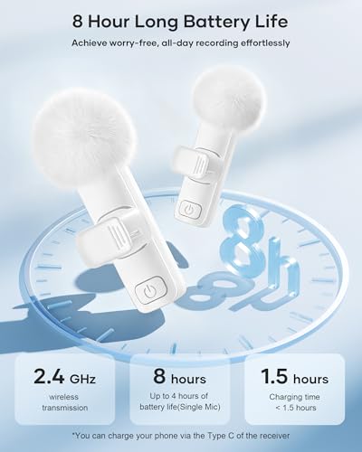 Image of Wireless Lavalier Microphone for iPhone iPad and Android Phone, 2 Pack Lapel Mic Plug and Play Wireless Mic Noise Reduction Microphone for Video Recording Interview Podcast Vlog YouTube (White)