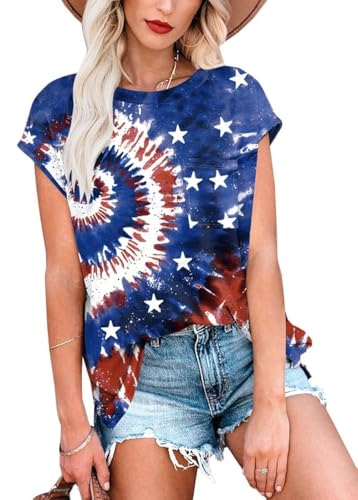 4th of July Women's Crew Neck Red White and Blue USA Shirts American Flag Casual Summer Funny Tops Tie Dye M
