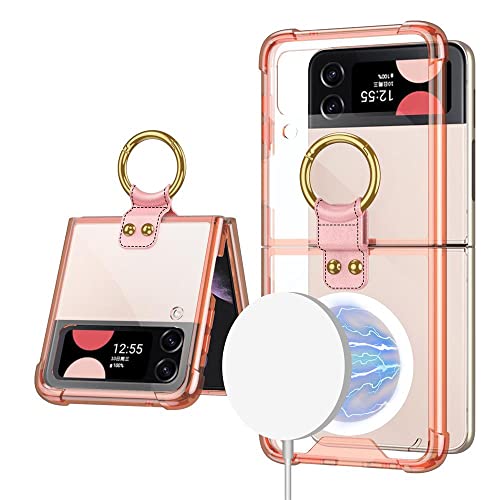 AnMengXinLing Galaxy Z Flip 3 Case with Ring Holder, Magnetic Clear Case for Galaxy Z Flip3 Compatible with Magsafe Charging Car Mount, Transparent Shockproof Slim Protective Cover (Teal)