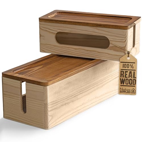 NATURE SUPPLIES Set of Two Natural Wood Cable Management Box, Large and Medium Cord Organizer to...