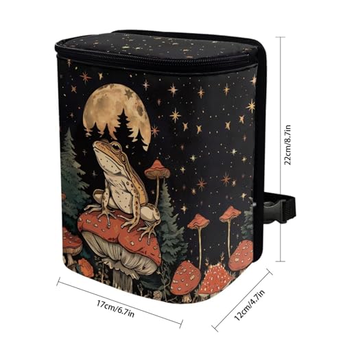 Image of Talayituse Frog Mushroom Print Car Trash Can, Moon Star Design Portable Auto Garbage Bin Multifunctional Vehicle Interior Accessories with Adjustable Straps Universal Fit Truck SUV Sedan