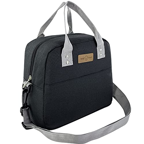 Mziart Bento Lunch Bag for Women Men, Insulated Lunch Tote Bag Reusable Cooler Lunch Box Holder with Adjustable Shoulder Strap for Work School Picnic Travel Beach (Black)