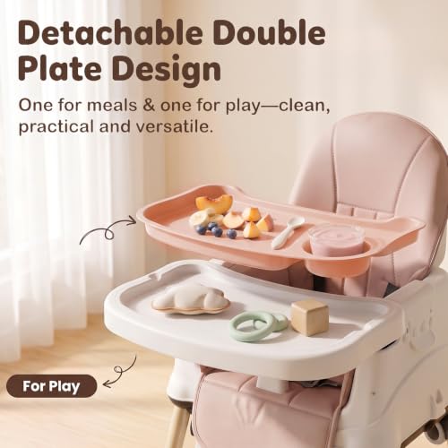 Image of StarAndDaisy 3-in-1 Convertible Baby High Chair with Adjustable Double Tray, 3-Point Safety Harness, Booster Seat & Low Chair, PU Cushion, Steel Frame for Babies & Toddlers (Pink)