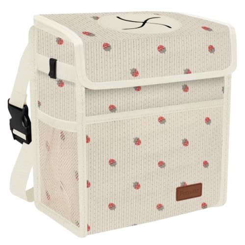 Image of Femuar Leak Proof Car Trash Can with Lid, Collapsible Hanging Waterproof Car Trash Bag with Mesh Pocket for SUV Front Seat Headrest, Large /Beige Strawberry